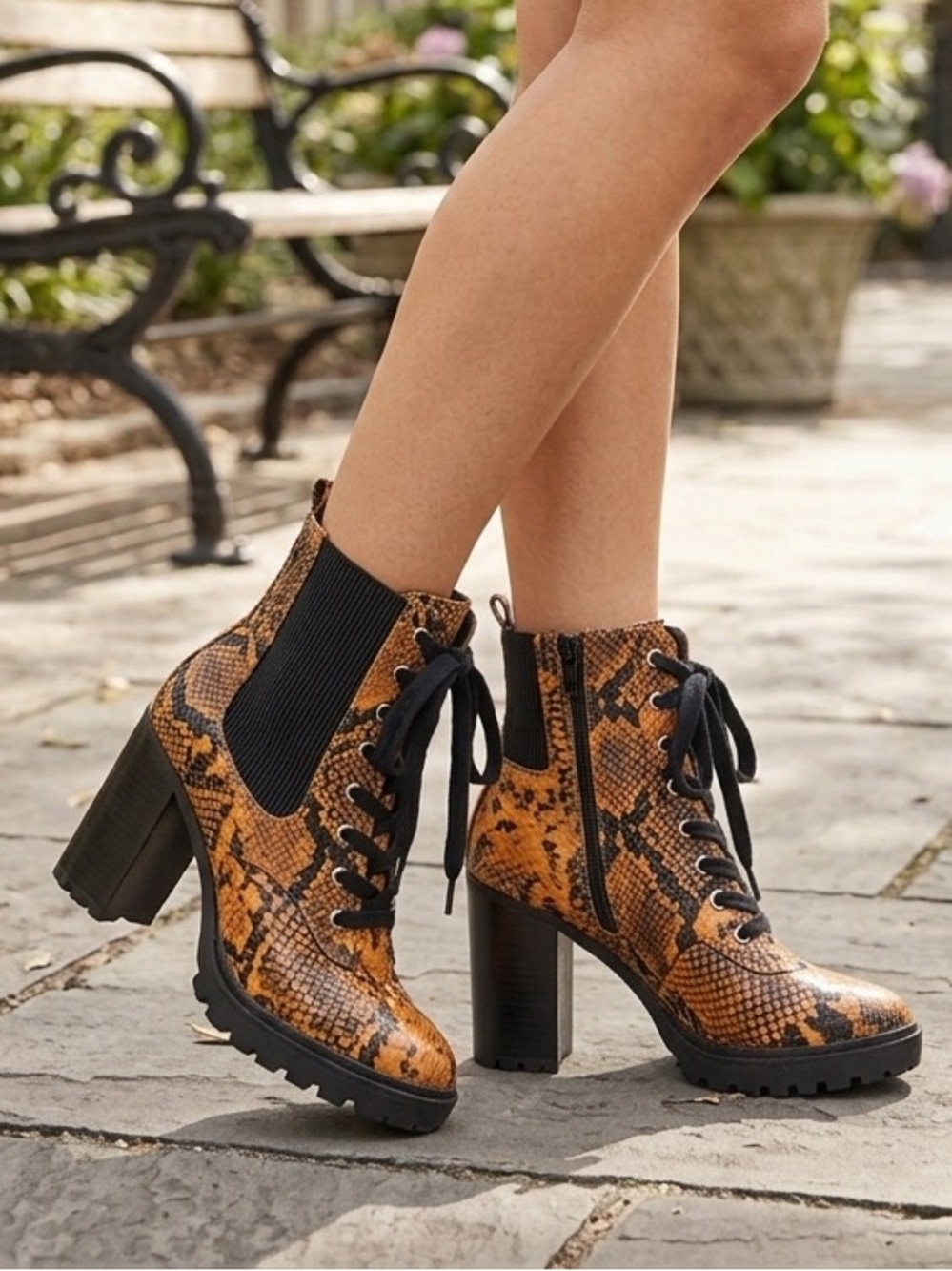 Steve Madden Women's Snake-Print Lace-Up/Side Zip Block Heel Ankle Boots